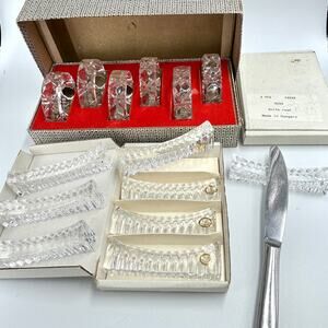 Crystal Fine Dining Vtg (6) Napkin Rings + (8) Knife Rests Hungary Made